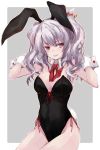  animal_ears black_leotard blue_eyes bow bowtie breasts bunny_ears bunny_tail bunnysuit cowboy_shot detached_collar grey_background hair_ornament kantai_collection kashima_(kantai_collection) leotard looking_at_viewer medium_breasts red_neckwear sidelocks silver_hair solo strapless strapless_leotard tail tsurime twintails two-tone_background wavy_hair white_hair wrist_cuffs yumesato_makura 