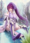  commentary_request fate/grand_order fate_(series) high_heels highres in_water long_hair looking_at_viewer mouth_hold nekobell ponytail purple_hair red_eyes scathach_(fate)_(all) scathach_skadi_(fate/grand_order) sitting thighs wand 