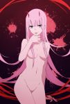  blue_eyes breasts canon_(aria) collarbone cowboy_shot darling_in_the_franxx floating_hair hair_censor hair_over_breasts highres horns long_hair looking_at_viewer medium_breasts navel no_pussy nude pink_hair red_ribbon ribbon solo standing tongue tongue_out very_long_hair zero_two_(darling_in_the_franxx) 