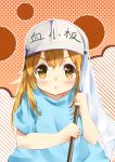  :o bangs blue_shirt blush brown_eyes chahei character_name commentary_request diagonal-striped_background diagonal_stripes eyebrows_visible_through_hair flag flat_cap grey_hat hair_between_eyes hands_up hat hataraku_saibou highres holding holding_flag light_brown_hair long_hair looking_at_viewer parted_lips platelet_(hataraku_saibou) polka_dot polka_dot_background shirt short_sleeves solo striped striped_background v-shaped_eyebrows very_long_hair white_flag 