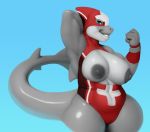  2018 anthro areola big_breasts breasts camel_toe clothing digital_media_(artwork) female fish hi_res leotard marine muscular navel neozoa nipples nude shark simple_background smile solo teeth thick_thighs tight_clothing voluptuous wide_hips wrestler 