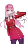  absurdres bangs blunt_bangs darling_in_the_franxx floating_hair green_eyes hairband highres holding_lollipop horns jijinjiji leaning_to_the_side long_hair looking_at_viewer orange_neckwear pantyhose pink_hair simple_background solo standing tongue tongue_out uniform very_long_hair white_background white_hairband zero_two_(darling_in_the_franxx) 