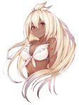  ahoge bare_shoulders bikini blush breasts cleavage commentary_request dark_skin eyebrows_visible_through_hair front-tie_bikini front-tie_top fumikiri granblue_fantasy hair_between_eyes large_breasts long_hair looking_at_viewer red_eyes smile solo swimsuit upper_body very_long_hair white_bikini white_hair zooey_(granblue_fantasy) 