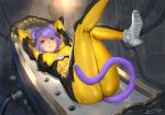  animal_ears ariverkao arms_behind_head arms_up ass blue_eyes bodysuit breasts cat_ears cat_tail closed_mouth dated high_heels large_breasts looking_at_viewer lying on_back original purple_hair short_hair signature solo tail yellow_bodysuit 