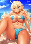  ;) ;p ahoge aqua_bikini arm_support artist_name ass bangs beach between_breasts bikini bikini_tan blonde_hair blue_eyes blue_nails blue_sky blurry blurry_background blush breasts cloud collarbone commentary day earrings eyebrows_visible_through_hair eyepatch_bikini groin hair_between_eyes highres iowa_(kantai_collection) jewelry kantai_collection knee_up large_breasts light_rays long_hair looking_at_viewer nail_polish navel ocean one_eye_closed open_mouth outdoors partially_submerged sakiyamama sand sapphire_(stone) side-tie_bikini sidelocks signature sitting sky smile solo sparkle sparkle_print star star-shaped_pupils star_earrings stomach sunlight swimsuit symbol-shaped_pupils tan tanline thighs tongue tongue_out very_long_hair wet 
