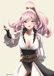  absurdres belt black_gloves braid breasts cleavage commentary fingerless_gloves fire_emblem fire_emblem:_kakusei fire_emblem_heroes gloves highres long_hair long_sleeves medium_breasts multiple_belts olivia_(fire_emblem) open_mouth pink_eyes pink_hair ponytail simple_background skeptycally solo standing twin_braids twitter_username 
