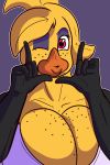  2018 anthro avian beak big_breasts breasts cleavage clothed clothing crisis-omega feathers female freckles gloves huge_breasts looking_at_viewer muscle_bird one_eye_closed solo wink 