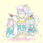  3girls armor belt blonde_hair blue_dress blue_hair brother_and_sister cape closed_mouth commentary_request crown dress family feh_(fire_emblem_heroes) fire_emblem fire_emblem_heroes fjorm_(fire_emblem_heroes) gloves gunnthra_(fire_emblem) hair_ornament hanging_on_arm hrid_(fire_emblem_heroes) long_dress long_hair long_sleeves multicolored_hair multiple_girls open_mouth pink_hair qumaoto short_hair siblings simple_background sisters smile standing twitter_username veil white_gloves white_hair yellow_background ylgr_(fire_emblem_heroes) 