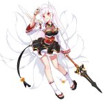  absurdres albino animal_ears ankle_wrap ara_han ara_han_(celestial_fox) black_skirt breasts cleavage clog_sandals corset detached_sleeves elsword fox_ears fox_tail full_body grin highres little_specter_(elsword) long_hair medium_breasts multiple_tails official_art polearm red_eyes sando_(artist) skirt smile solo spear tail transparent_background very_long_hair weapon white_hair 