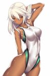  breasts competition_swimsuit covered_navel cowboy_shot dark_skin guilty_gear guilty_gear_xrd highleg highleg_swimsuit highres long_hair looking_at_viewer medium_breasts one-piece_swimsuit ramlethal_valentine simple_background solo swimsuit takanashi-a thigh_strap wet white_background white_hair white_swimsuit 
