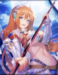  artist_request blue_eyes breasts cleavage detached_sleeves eyebrows_visible_through_hair gauntlets hair_between_eyes hair_ornament highres holding holding_spear holding_weapon impossible_clothes large_breasts long_hair looking_at_viewer moon navel official_art open_mouth orange_hair phantom_of_the_kill pisarl_(phantom_of_the_kill) polearm spear very_long_hair weapon 