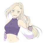  blonde_hair blush breasts commentary_request earrings fishnets hair_over_one_eye highres jewelry long_hair looking_at_viewer midriff naruto naruto_(series) navel ninja open_mouth ponytail sleeveless smile solo suzu_(tg_390) yamanaka_ino 
