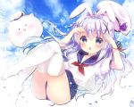  angora_rabbit animal animal_ears arms_up bangs beret blue_eyes blue_hair blue_sailor_collar blue_sky blue_swimsuit blush bunny bunny_ears chestnut_mouth cloud cloudy_sky commentary_request day eyebrows_visible_through_hair gochuumon_wa_usagi_desu_ka? hair_between_eyes hair_ornament hat hat_removed headwear_removed kafuu_chino long_hair no_shoes one-piece_swimsuit outdoors parted_lips puffy_short_sleeves puffy_sleeves red_ribbon revision ribbon rikatan sailor_collar school_swimsuit school_uniform serafuku shirt short_sleeves sky swimsuit swimsuit_under_clothes thighhighs tippy_(gochiusa) very_long_hair water_drop white_hat white_legwear white_shirt x_hair_ornament 