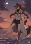  animal_ears bare_shoulders barefoot black_bow black_skirt bow braid brown_eyes brown_hair closed_mouth hair_bow head_scarf highres holding lansane long_hair looking_at_viewer ocean original pleated_skirt puffy_short_sleeves puffy_sleeves sandals sandals_removed short_sleeves skirt smile solo standing standing_on_one_leg tail tsana_(lansane) twin_braids wading waist_cape waves wolf_ears wolf_tail 