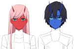  1girl aqua_eyes bangs black_hair blue_horns blue_skin commentary couple darling_in_the_franxx english_commentary eyebrows_visible_through_hair green_eyes hetero highres hiro_(darling_in_the_franxx) horns k_016002 long_hair looking_at_viewer oni_horns pink_hair red_horns red_skin zero_two_(darling_in_the_franxx) 