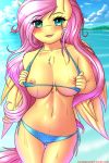  2018 absurd_res anthro areola bikini blush breasts clothing cloud digital_media_(artwork) equine eyelashes feathered_wings feathers female fluttershy_(mlp) friendship_is_magic hair hi_res long_hair looking_at_viewer mammal my_little_pony nipples open_mouth outside pegasus solo swimsuit twistedscarlett60 water wet wings 