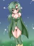  1girl bare_shoulders between_legs blue_background blush breasts cleavage detached_sleeves embarrassed erect_nipples eyebrows_visible_through_hair female final_fantasy final_fantasy_iv gradient gradient_background green_eyes green_hair green_legwear hair_ornament hairpin hand_between_legs hands_together have_to_pee large_breasts legs_together long_hair looking_at_viewer matching_hair/eyes rydia shiny shiny_hair shiny_skin simple_background snowing solo standing thighhighs trembling utasato v_arms 