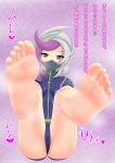  1girl barefoot emma_bessho face_mask feet grey_eyes long_hair looking_at_viewer mask multicolored_hair pink_hair pov pov_feet silver_hair smell smile soles steam toes translated two-tone_hair yuu-gi-ou yuu-gi-ou_vrains 