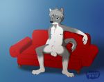  2018 animal_genitalia anthro balls canine hi_res looking_at_viewer male mammal nipples nude scuzzyfox shaded sheath simple_background sitting sofa solo wolf 