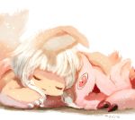  :3 bangs blunt_bangs claws closed_eyes commentary_request creature facing_viewer light_particles looking_at_viewer made_in_abyss manino_(mofuritaionaka) mitty_(made_in_abyss) nanachi_(made_in_abyss) partial_commentary red_eyes signature sleeping smile white_background white_hair 