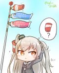  amatsukaze_(kantai_collection) arm_up asimo953 bangs big_head black_dress blue_sky blush breasts brown_eyes chibi commentary_request day dress eyebrows_visible_through_hair grey_neckwear hair_tubes hair_tubes_removed headgear highres kantai_collection koinobori long_hair long_sleeves looking_to_the_side motion_lines neckerchief no_nose open_mouth outdoors raised_eyebrow sailor_collar sailor_dress short_eyebrows silver_hair sky sleeve_cuffs small_breasts solo sweatdrop thought_bubble twitter_username two_side_up upper_body white_sailor_collar wind wind_lift 