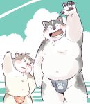  4_toes anthro belly blood blush canine claws clothed clothing dog duo garouzuki japanese_clothing male mammal moritaka nipples nosebleed open_mouth overweight overweight_male pawpads raised_arm simple_background teeth toes tokyo_afterschool_summoners topless tuft underwear 
