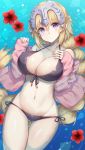  afloat ass_visible_through_thighs bangs bare_shoulders bikini blonde_hair blue_eyes blush braid breasts cleavage closed_mouth collarbone commentary_request fate/grand_order fate_(series) flower headpiece highres hips jacket jeanne_d'arc_(fate) jeanne_d'arc_(fate)_(all) large_breasts long_braid long_hair looking_at_viewer navel open_clothes open_jacket pink_jacket purple_bikini single_braid solo swimsuit thighs very_long_hair water yuzu-aki 