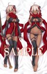  3: ahoge barefoot black_gloves black_legwear black_panties breasts cameltoe cleavage_cutout covered_nipples dakimakura dark_skin dress elbow_gloves fate/grand_order fate_(series) fingerless_gloves full_body gloves grey_eyes hair_between_eyes hair_ornament knees_together_feet_apart kodama_yuu lying medium_breasts multiple_views navel okita_souji_(alter)_(fate) okita_souji_(fate)_(all) on_back ootachi panties red_scarf scarf short_dress short_hair single_thighhigh smile stirrup_legwear sword tassel thigh_strap thighhighs toeless_legwear underwear weapon white_hair 