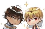  ahoge arabian_clothes big_head brown_hair cape chibi circlet commentary_request dark_skin dark_skinned_male earrings egyptian egyptian_clothes fate/grand_order fate_(series) gilgamesh gilgamesh_(caster)_(fate) gold_trim hair_between_eyes hand_up idk-kun jacket jewelry looking_at_viewer male_focus multiple_boys no_nose ozymandias_(fate) red_eyes simple_background slit_pupils smile sparkle v white_background yellow_eyes 