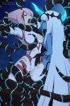  001_(darling_in_the_franxx) 2girls blood blue_skin bodysuit breasts darling_in_the_franxx half-closed_eyes hand_on_another&#039;s_stomach highres horns incest medium_breasts merunyaa monster_girl multiple_girls nipples oni_horns pink_hair pussy restrained rolling_eyes smile tentacle tentacle_hair torn_bodysuit torn_clothes white_hair zero_two_(darling_in_the_franxx) 
