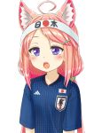  2018_fifa_world_cup adidas ahoge animal_ear_fluff animal_ears bangs blue_shirt blush cat_ears collarbone eyebrows_visible_through_hair hair_ornament hairclip headband highres hinata_channel japan japanese_flag jd_(bibirijd) long_hair low_twintails nekomiya_hinata open_mouth pink_hair purple_eyes shirt short_sleeves simple_background soccer soccer_uniform solo sportswear swept_bangs translation_request twintails upper_teeth virtual_youtuber white_background world_cup 