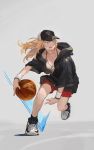 baseball_cap basketball black_legwear blonde_hair blue_eyes breasts burari cleavage collarbone commentary_request dribbling grey_background halterneck hat jacket long_hair motion_lines open_clothes open_jacket open_mouth original red_shorts running shoes short_sleeves shorts sidelocks sneakers solo wrist_cuffs 
