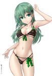  absurdres arm_up armpits ass_visible_through_thighs bikini black_bikini breasts cleavage collarbone commentary_request cowboy_shot eyebrows_visible_through_hair franz_(217franz) front-tie_bikini front-tie_top green_eyes green_hair hair_between_eyes hair_ornament hairclip highres kantai_collection large_breasts long_hair looking_at_viewer multi-strapped_bikini navel side-tie_bikini simple_background smile solo suzuya_(kantai_collection) swimsuit white_background 