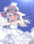  alternate_costume anchor_symbol armpits arms_up bangs bare_arms bare_shoulders blue_eyes blue_sky blurry blurry_background blush closed_mouth cloud cloudy_sky collarbone commentary_request day depth_of_field dress eyebrows_visible_through_hair floating_hair hair_between_eyes hands_on_headwear hat hibiki_(kantai_collection) highres kantai_collection long_hair looking_at_viewer noeru_(gt17854) outdoors silver_hair sky sleeveless sleeveless_dress smile solo straw_hat sundress very_long_hair white_dress 