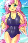  2018 absurd_res anthro blush clothing cloud digital_media_(artwork) equine eyelashes feathered_wings feathers female fluttershy_(mlp) friendship_is_magic hair hi_res long_hair looking_at_viewer mammal my_little_pony one-piece_swimsuit open_mouth outside pegasus solo swimsuit twistedscarlett60 water wet wings 