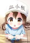  1girl :o blush brown_eyes brown_hair child female flag hair_between_eyes hat hataraku_saibou holding holding_flag long_hair looking_up neki_(wakiko) platelet_(hataraku_saibou) round_teeth short short_sleeves solo standing teeth upper_teeth white_hat 