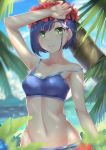  1girl absurdres arm_at_side arm_up armpits bangs bare_arms bare_shoulders beach bikini blue_bikini blue_hair blue_sky blurry blurry_background blurry_foreground blush breasts cloud collarbone commentary_request darling_in_the_franxx day depth_of_field eyebrows_visible_through_hair flower flower_wreath green_eyes groin headdress highres ichigo_(darling_in_the_franxx) leaf light_particles looking_at_viewer multicolored_hair navel outdoors palm_tree parted_lips red_flower sgt-jz short_hair sky small_breasts solo stomach strap_slip streaked_hair swimsuit taut_clothes tree upper_body water white_hair 