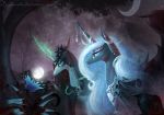  2018 armor begasuslu changeling duo equine feathered_wings feathers female feral friendship_is_magic hair helmet horn jewelry mammal moon my_little_pony necklace night nightmare_moon_(mlp) outside queen_chrysalis_(mlp) royalty tree winged_unicorn wings 