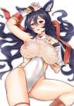  animal_ears black_hair blush breasts covered_navel detached_sleeves emua erune fishnets granblue_fantasy hair_between_eyes ilsa_(granblue_fantasy) large_breasts long_hair looking_at_viewer lying nipples on_back one-piece_swimsuit open_mouth red_eyes solo swimsuit white_swimsuit 