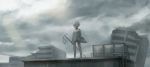  ahoge bandaged_leg bandages black_choker choker cloud cloudy_sky commentary_request fence green_eyes grey_hair grey_sky intravenous_drip izna_(iznatic) ladder original overcast rooftop ruins scenery short_hair short_sleeves sky solo standing white_coat 