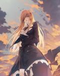  arch bangs bird black_legwear brown_hair building buttons cloud coat commentary eyepatch fate/grand_order fate_(series) from_below highres long_hair ophelia_phamrsolone pantyhose parted_lips sky solo standing wanke wind 