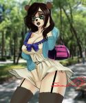  beauty_mark black_hair breasts chanrom cleavage clothed clothing dress eyeware female garter_straps green_eyes hair leggings legware legwear mammal open_mouth photo_background pose public purse solo standing wardrobe_malfunction wind_lift 