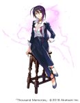  ahoge black_choker blue_pants breasts choker cleavage closed_mouth collared_shirt crossed_legs hair_between_eyes hand_in_pocket high_heels highres long_sleeves looking_at_viewer matsui_hiroaki medium_breasts multicolored_hair official_art pants popped_collar purple_hair red_eyes shirt short_hair sitting smile solo sparks stool streaked_hair thousand_memories unbuttoned unbuttoned_shirt white_shirt wing_collar 