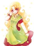  blush breasts commentary_request curly_hair dragon_quest dragon_quest_vii dress hood kichijou_agata long_hair looking_at_viewer maribel_(dq7) open_mouth orange_hair simple_background solo 