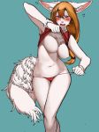  2018 anthro blush breasts brown_hair camel_toe canine chest_tuft exposed_breasts featureless_breasts female fennec fluffy fluffy_tail fox front_view fur hair hair_between_eyes hair_tie inner_ear_fluff long_hair mammal navel open_mouth portrait red_eyes simple_background solo standing teeth three-quarter_portrait toco_(artist) tuft white_fur 