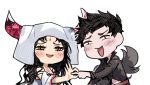  1girl bare_shoulders belial_(granblue_fantasy) black_hair chibi crossover detached_sleeves facial_mark fate/grand_order fate_(series) forehead_mark granblue_fantasy horns idk-kun long_hair penetration_gesture sesshouin_kiara simple_background smile trait_connection veil white_background yellow_eyes 