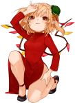  alternate_costume arm_up artist_name bad_id bad_twitter_id bare_legs black_footwear blonde_hair bow breasts china_dress chinese_clothes crystal dress eyebrows_visible_through_hair fang flandre_scarlet full_body gotoh510 green_hat hair_between_eyes hat hat_bow highres long_sleeves looking_at_viewer medium_breasts mini_hat mob_cap nail_polish one_knee one_side_up orange_bow orange_nails parted_lips pointy_ears red_eyes shoes short_hair side_slit signature simple_background solo thighs tilted_headwear touhou white_background wings 