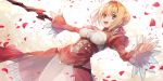  :d aestus_estus ahoge blonde_hair breasts cleavage epaulettes fate/extra fate_(series) green_eyes highres holding holding_sword holding_weapon k-me long_sleeves looking_at_viewer medium_breasts nero_claudius_(fate) nero_claudius_(fate)_(all) open_mouth outstretched_arm petals smile solo sword weapon 