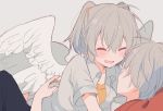  angel angel_chromosome_xx anthropomorphism blush close gray_hair hug ikeuchi_tanuma male neon_genesis_evangelion short_hair sketch tabris tabris-xx twintails waifu2x wings 