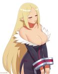  bangs bare_shoulders black_dress blonde_hair breasts character_request cleavage closed_eyes commentary_request cuffs disgaea dress eyebrows_visible_through_hair from_side healer_(disgaea) huge_breasts kuroonehalf long_hair long_sleeves makai_senki_disgaea off_shoulder parted_bangs parted_lips pointy_ears signature simple_background solo standing very_long_hair white_background 